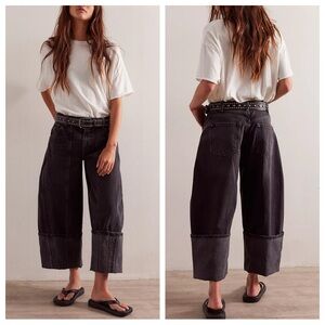 Free People Wide Leg Cropped Black Washed Jeans